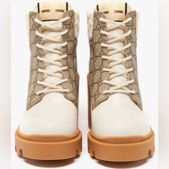 Gucci GG supreme canvas leather apollo block heel lug sole lace up ankle boots - Picture 4 of 11
